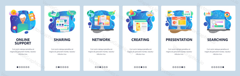 Mobile app onboarding screens. Business presentation, financial charts, file search. Menu vector banner template for website and mobile development. Web site design flat illustration.
