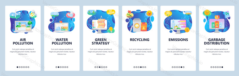 Mobile app onboarding screens. Air and water pollution, waste sorting and recycling, city pollution, ecology and environment. Vector banner template for website and mobile development. Web site flat illustration.