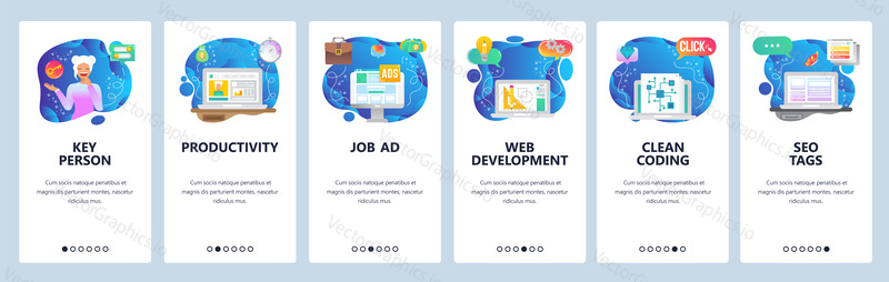 Mobile app onboarding screens. Project drawing, business management, job resume, seo tags, marketing. Menu vector banner template for website and mobile development. Web site design flat illustration.