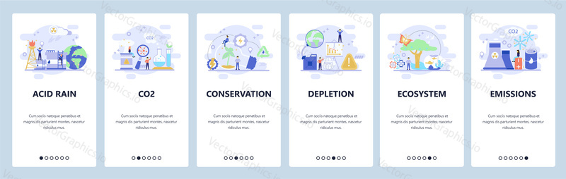 Mobile app onboarding screens. Earth pollution, co2 gas emission, save the planet, nature conservation. Menu vector banner template for website and mobile development. Web site design flat illustration.