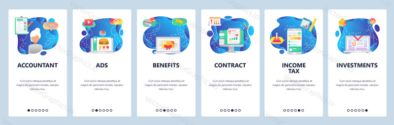 Mobile app onboarding screens. Work pass, burger online, gift card, sign contract online. Menu vector banner template for website and mobile development. Web site design flat illustration.