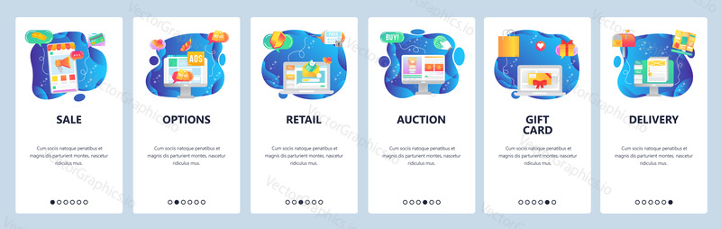 Mobile app onboarding screens. Sale promotion, retail price, auction, online shopping, order delivery. Menu vector banner template for website and mobile development. Web site design flat illustration.