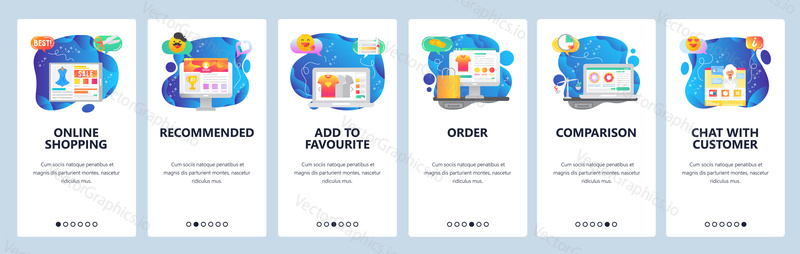 Mobile app onboarding screens. Online shopping, price comparison, order and delivery, sale promotion. Menu vector banner template for website and mobile development. Web site design flat illustration.