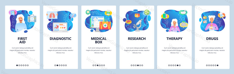 Mobile app onboarding screens. First aid kit, diagnostic, medical research, prescription drugs, therapy, female patient. Menu vector banner template for website and mobile development. Web site design flat illustration.