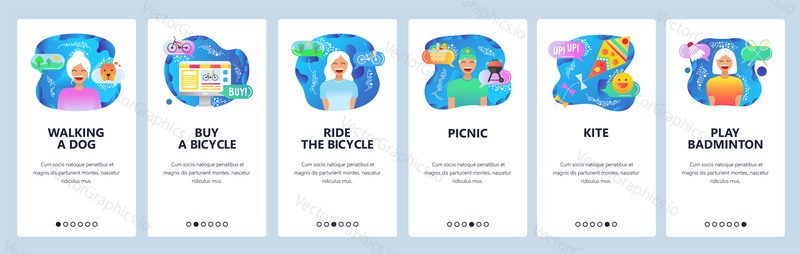 Mobile app onboarding screens. Weekend outdoor activities, leisure time, walking dog in a park, ride bycicle. Menu vector banner template for website and mobile development. Web site design flat illustration.