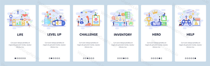 Mobile app onboarding screens. Cybersport, computer games, VR console, game controller. Menu vector banner template for website and mobile development. Web site design flat illustration.