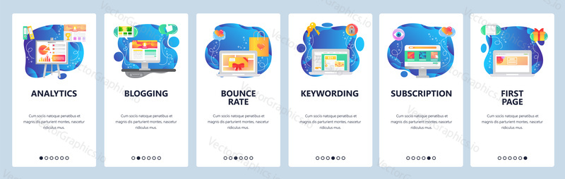 Mobile app onboarding screens. Business and financial analytics, charts, media content, landing page. Menu vector banner template for website and mobile development. Web site design flat illustration.