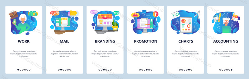 Mobile app onboarding screens. Business accounting, marketing and branding, financial charts. Menu vector banner template for website and mobile development. Web site design flat illustration.