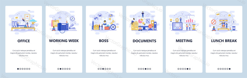 Mobile app onboarding screens. Business and office interior, meeting and coffee break, financial documents. Menu vector banner template for website and mobile development. Web site design flat illustration.