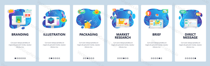 Mobile app onboarding screens. 3D modeling, package, chemistry science research, direct message .Vector banner template for website and mobile development. Web site design flat illustration.