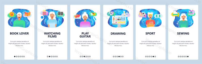 Mobile app onboarding screens. Leisure activities, hobby, readng books, watching movies, drawing. Menu vector banner template for website and mobile development. Web site design flat illustration.