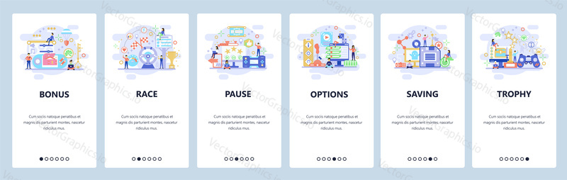 Mobile app onboarding screens. Computer games, cybersport, game options, race. Menu vector banner template for website and mobile development. Web site design flat illustration.
