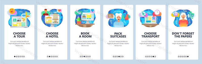 Mobile app onboarding screens. Plan vacation, travel, hotel booking, buy air tickets online. Menu vector banner template for website and mobile development. Web site design flat illustration.
