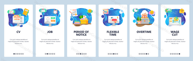 Mobile app onboarding screens. Business, job seeking, fired, tired of overtime work, home office. Vector banner template for website and mobile development. Web site design illustration.