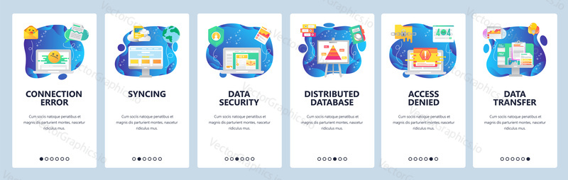 Mobile app onboarding screens. Computer technology, cyber security, access denied, data sync, connection error. Vector banner template for website and mobile development. Web site flat illustration.