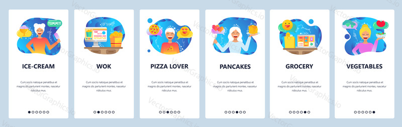Mobile app onboarding screens. Food delivery, grocery order online, asian and italian food. Menu vector banner template for website and mobile development. Web site design flat illustration.