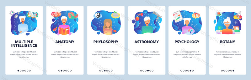 Mobile app onboarding screens. Science research, female scientist, education topics. Menu vector banner template for website and mobile development. Web site design flat illustration.