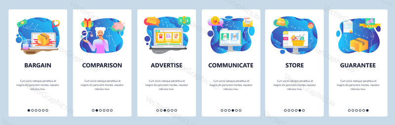 Mobile app onboarding screens. Online shopping, package delivery, sale advertisement. Menu vector banner template for website and mobile development. Web site design flat illustration.