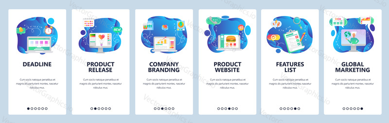 Mobile app onboarding screens. World financial news, project deadline, finance growth, product release. Menu vector banner template for website and mobile development. Web site design flat illustration.