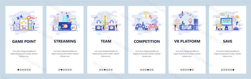 Mobile app onboarding screens. Compute games, cyber sport, VR games, tournament streaming. Menu vector banner template for website and mobile development. Web site design flat illustration.