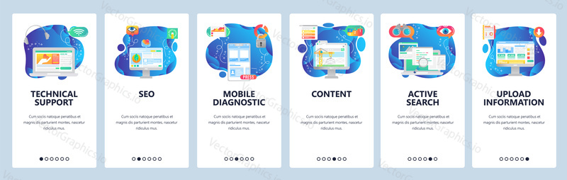 Mobile app onboarding screens. Phone application wireframe, medical technology, content building, search. Menu vector banner template for website and mobile development. Web site design flat illustration.