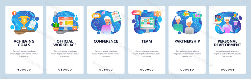 Mobile app onboarding screens. Office workplace, team work, business call, winner cup. Menu vector banner template for website and mobile development. Web site design flat illustration.
