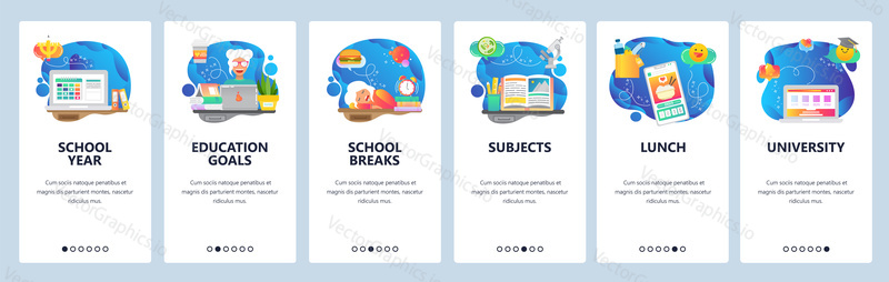Mobile app onboarding screens. School education, time to sleep, class schedule, learning student, order food online. Menu vector banner template for website and mobile development. Web site design flat illustration.