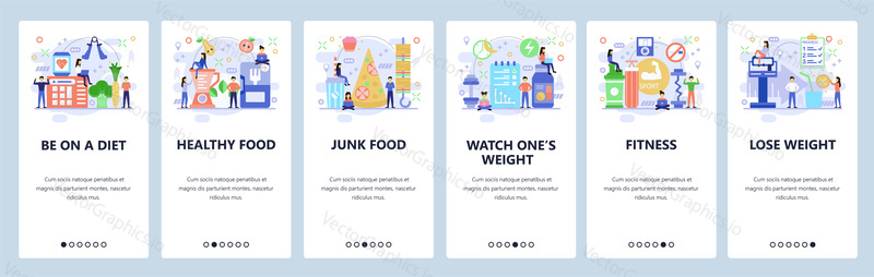 Mobile app onboarding screens. Fitness and healthy lifestyle, lose weight and diet. Menu vector banner template for website and mobile development. Web site design flat illustration.