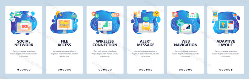 Mobile app onboarding screens. Adaptive layout, computer security access, alert notification, social media. Menu vector banner template for website and mobile development. Web site design flat illustration.