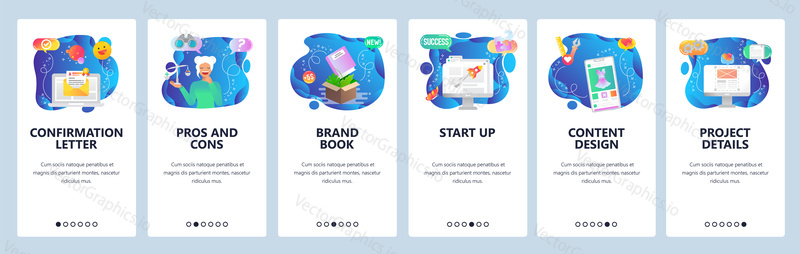 Mobile app onboarding screens. Site wireframe, launch business startup, email, pros and cons. Menu vector banner template for website and mobile development. Web site design flat illustration.