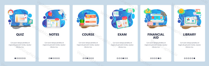 Mobile app onboarding screens. Education, library books, online course, take notes. Menu vector banner template for website and mobile development. Web site design flat illustration.