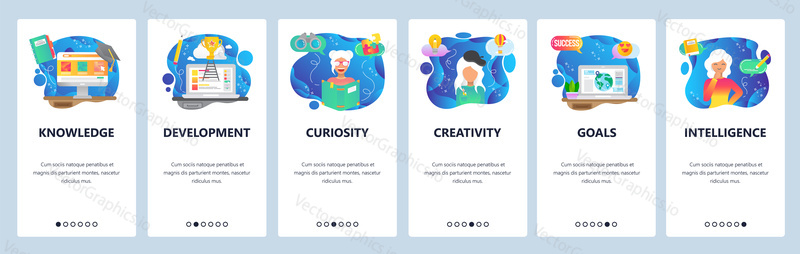 Mobile app onboarding screens. Curiosity and creativity, smart people, knowledge, online education. Menu vector banner template for website and mobile development. Web site design flat illustration.