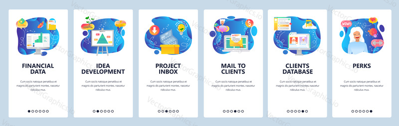Mobile app onboarding screens. Customers database, project package, business idea development, financial chart and data. Menu vector banner template for website and mobile development. Web site design flat illustration.
