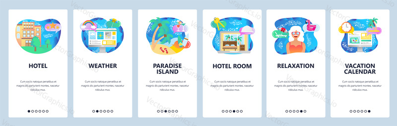 Mobile app onboarding screens. Plan vacation, tropical beach holiday, paradise island. Menu vector banner template for website and mobile development. Web site design flat illustration.