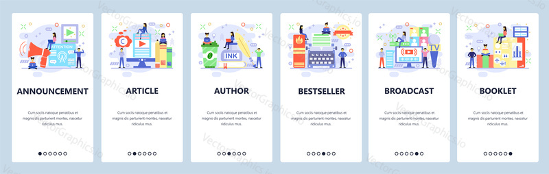 Mobile app onboarding screens. Book writer, announcement, broadcast and live video streaming. Menu vector banner template for website and mobile development. Web site design flat illustration.