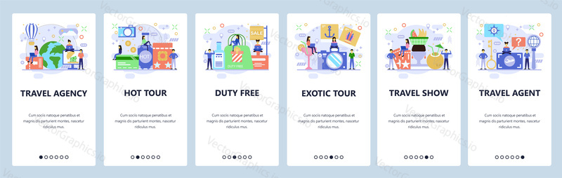 Mobile app onboarding screens. Travel and vacation icons, travel agency, buy tickets and book tour. Menu vector banner template for website and mobile development. Web site design flat illustration.