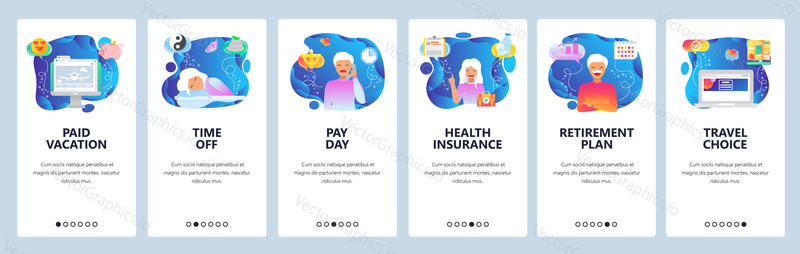 Mobile app onboarding screens. Health insurance, retirement plan, time to sleep, flight vacation. Menu vector banner template for website and mobile development. Web site design flat illustration.