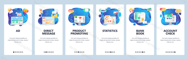 Mobile app onboarding screens. Marketing and advertisement, product promotion, direct messaging, financial report. Menu vector banner template for website and mobile development. Web site design flat illustration.