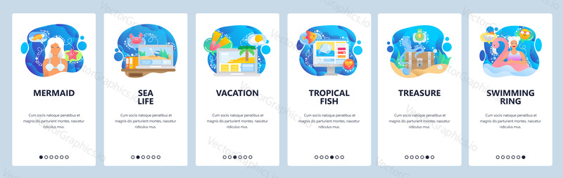 Mobile app onboarding screens. Sea world, underwater life, mermaid, tropical beach vacation, sea travel. Menu vector banner template for website and mobile development. Web site flat illustration.