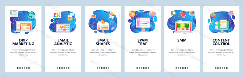 Mobile app onboarding screens. Email marketing, SMM, business analytics, content control. Menu vector banner template for website and mobile development. Web site design flat illustration.