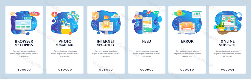 Mobile app onboarding screens. Support video chat, internet security, news feed, photo sharing. Menu vector banner template for website and mobile development. Web site design flat illustration.