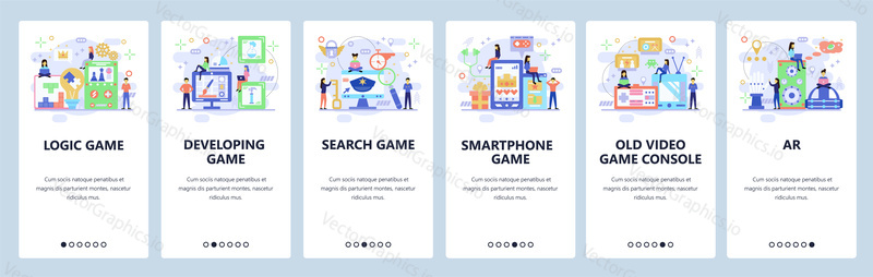 Mobile app onboarding screens. Different types of games. Video, console, educational games. Menu vector banner template for website and mobile development. Web site design flat illustration.