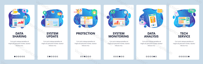 Mobile app onboarding screens. Data security storage and sharing, system monitoring, data analysis. Menu vector banner template for website and mobile development. Web site design flat illustration.