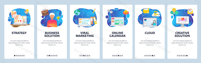 Mobile app onboarding screens. Cloud storage, viral marketing, business strategy, financial charts. Menu vector banner template for website and mobile development. Web site design flat illustration.