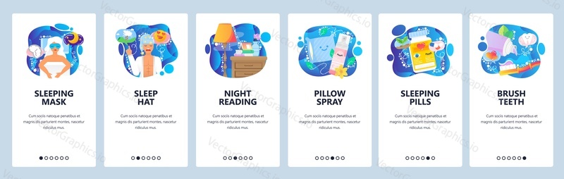 Mobile app onboarding screens. Sleeping mask, night table with a book, pillow, sleeping pills. Menu vector banner template for website and mobile development. Web site design flat illustration.