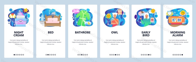 Mobile app onboarding screens. Morning alarm clock, early bird and owl person, cream, bed. Menu vector banner template for website and mobile development. Web site design flat illustration.