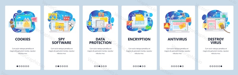 Mobile app onboarding screens. Cyber security, virus malware attack, encryption, data protection, cookies. Vector banner template for website and mobile development. Web site design illustration.
