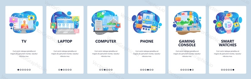 Mobile app onboarding screens. Home electronics and computer gadgets, tv, laptop, phone, console, smart watches. Vector banner template for website and mobile development. Web site design flat illustration.