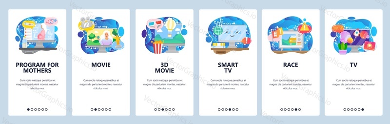 Mobile app onboarding screens. Television show, TV set, sport news, 3d movies and cinema. Menu vector banner template for website and mobile development. Web site design flat illustration.