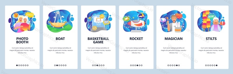 Mobile app onboarding screens. Amusement park attractios, photo booth, magician artist, game. Menu vector banner template for website and mobile development. Web site design flat illustration.
